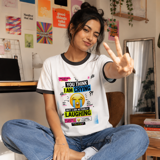 Means I'm Laughing Gen Z Translation Ringer T-Shirt Model Wearing Front Black White