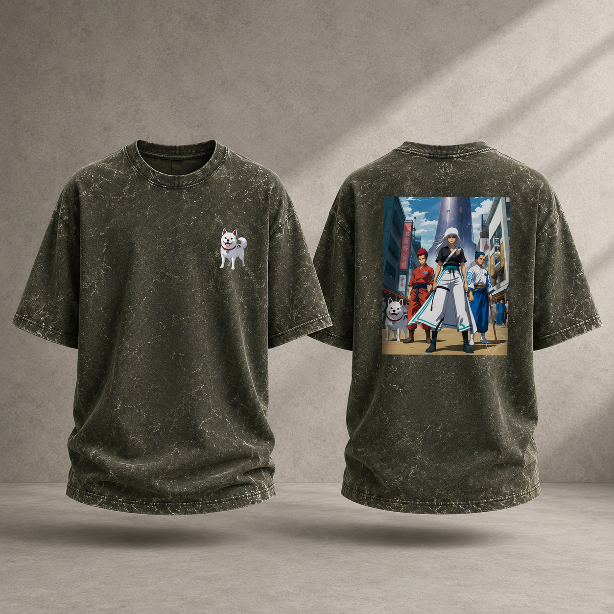 Acid Wash Anime Oversized T-Shirt | Front Pocket & Back DTG Print | 240 GSM Heavyweight Cotton