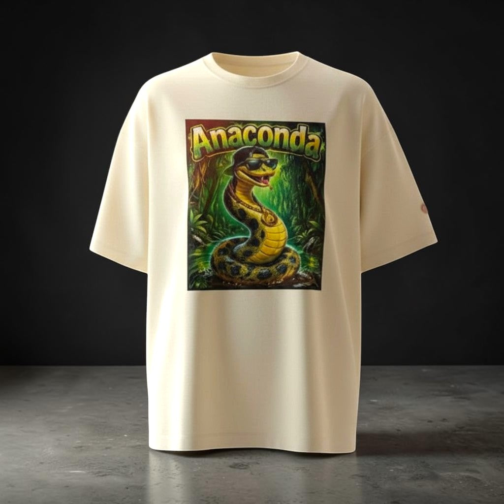 Gooxit cream oversized tee with a graphic of an anaconda wearing sunglasses and a chain in a jungle setting.