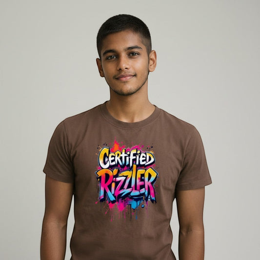 Gooxit brown 100% cotton unisex t-shirt with a vibrant graffiti-style "Certified Rizzler" graphic print.