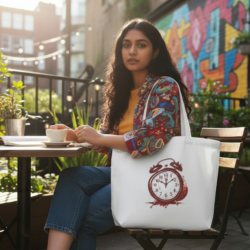 Gooxit white cotton tote bag with a vintage alarm clock graphic, zippered closure, and inner pockets.