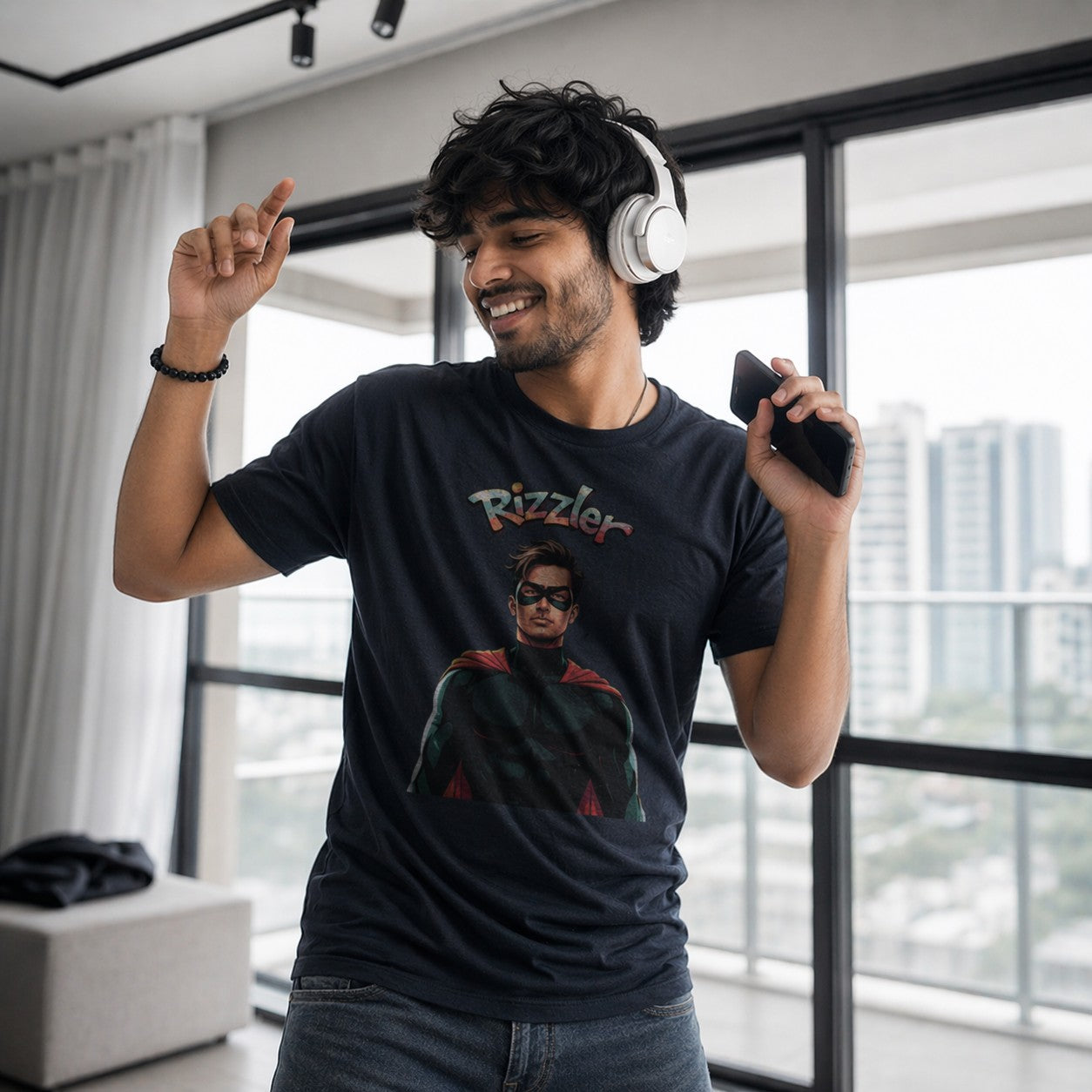Model Wearing Rizz Mode On Superhero Graphic Cotton T-Shirt