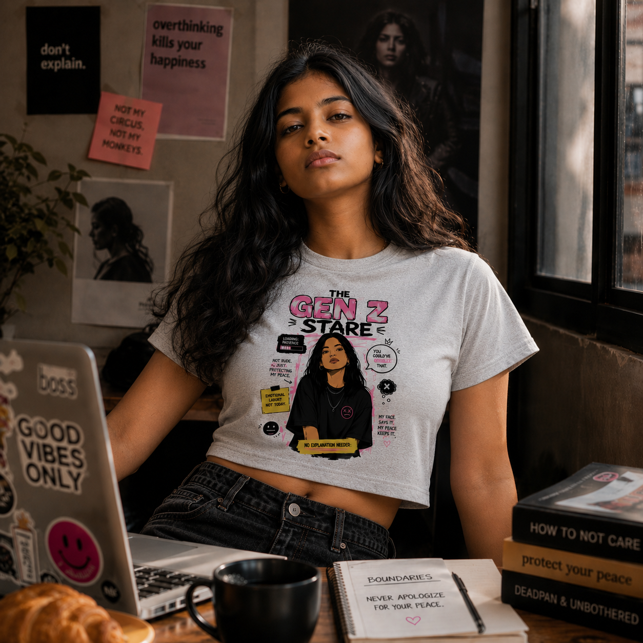 Model wearing The Gen Z Stare Crop Top Lifestyle