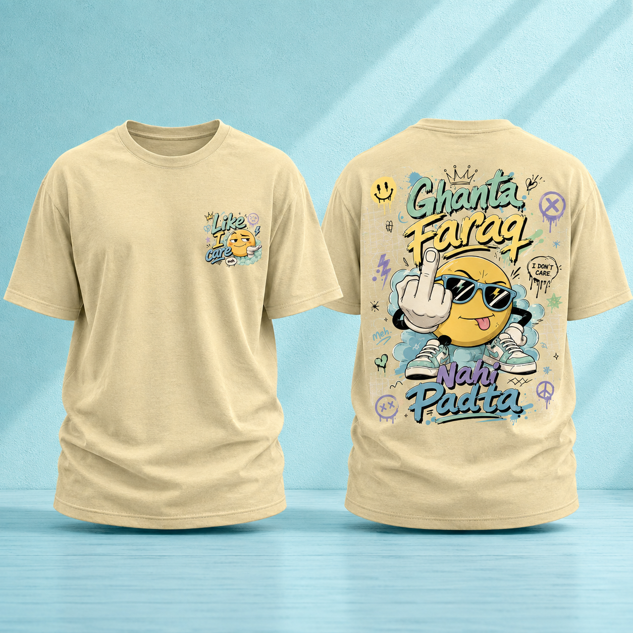 A beige graphic t-shirt shown from both the front and back against a light blue background. The front features a small graphic on the left chest with a yellow smiley face and the text 'Like I Care' and the back has a large graphic that read 'Ghanta Faraq Nahi Padta'