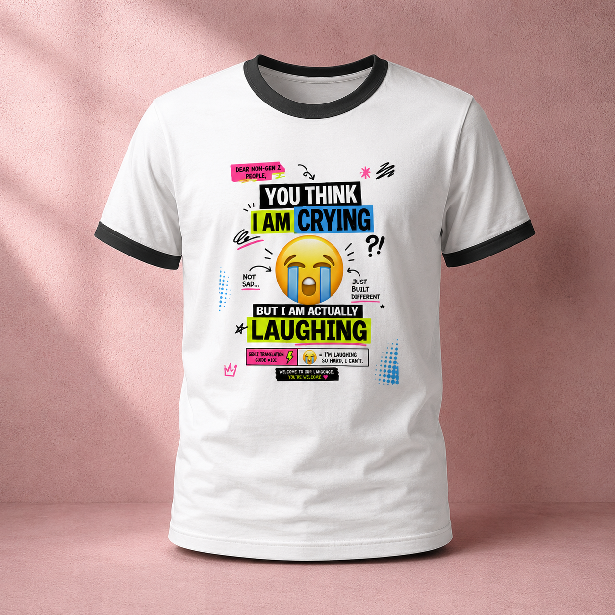 Means I'm Laughing Gen Z Translation Ringer T-Shirt Model Wearing Front Black White