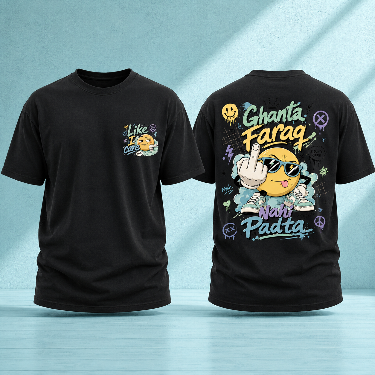 The front and back of a Black Supima T-shirt. The front features a small graphic on the left chest with a yellow smiley face and the text 'Like I Care' and the back has a large graphic that read 'Ghanta Faraq Nahi Padta'