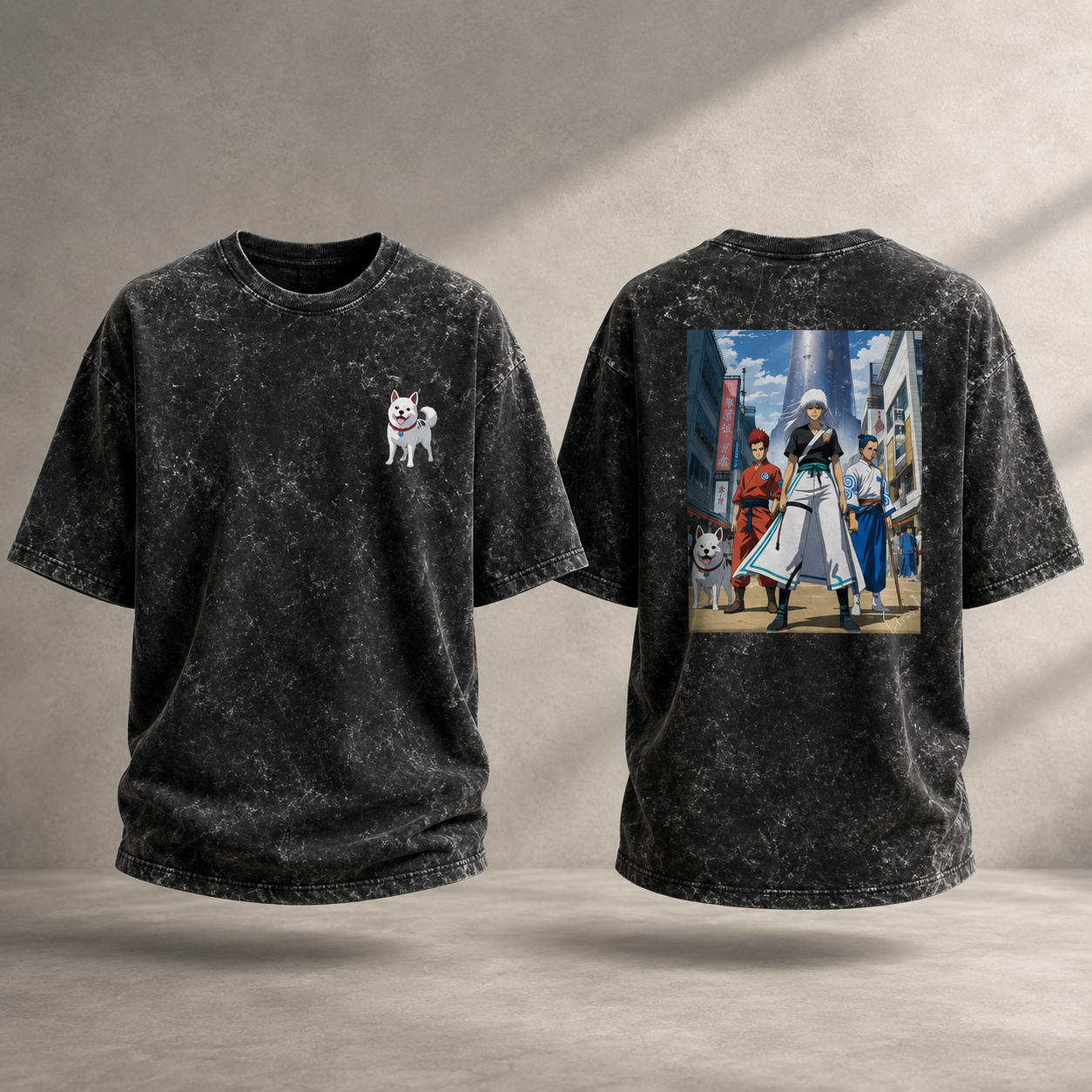 Acid Wash Anime Oversized Black T-Shirt Front & Back