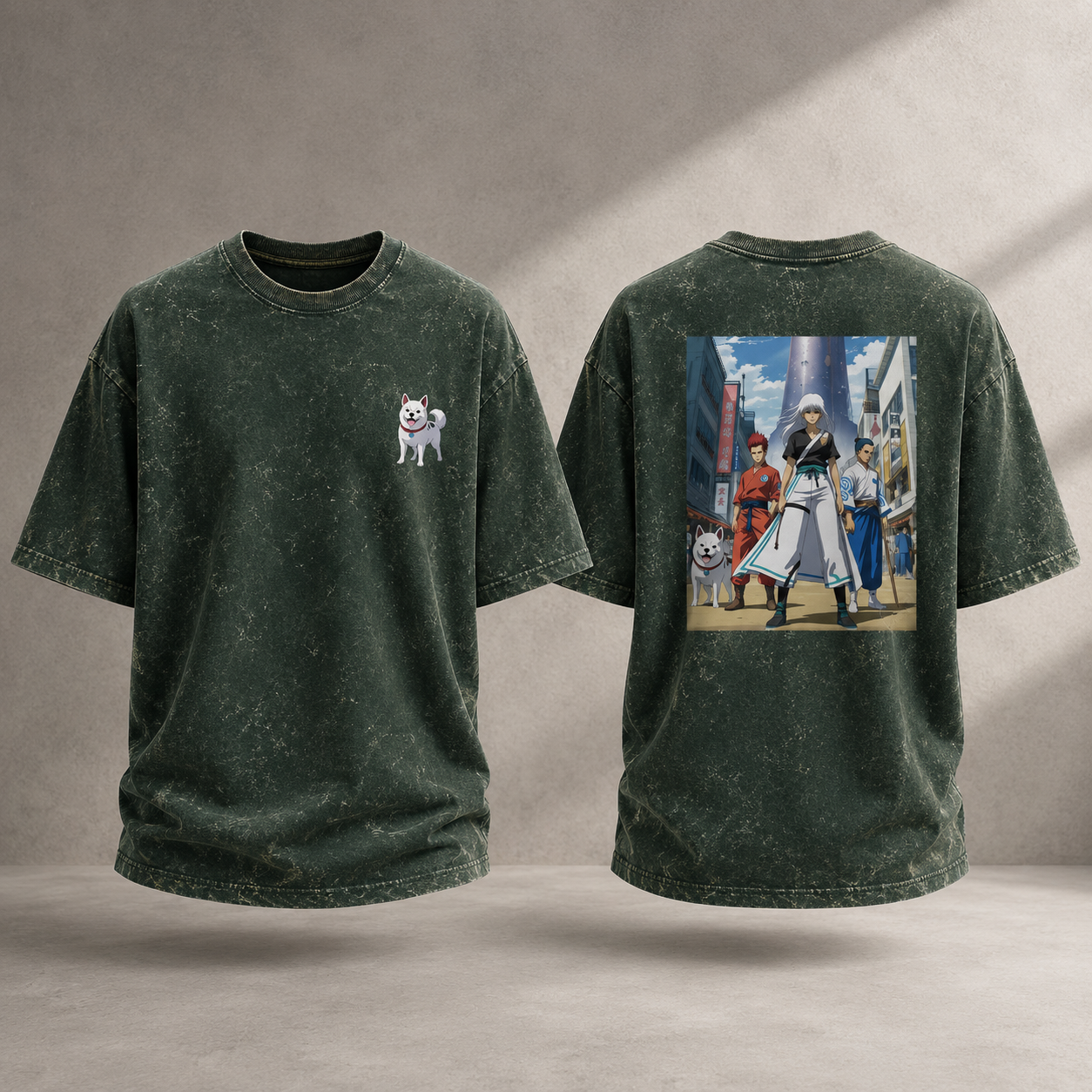 Acid Wash Anime Oversized Bottle Green T-Shirt Front & Back