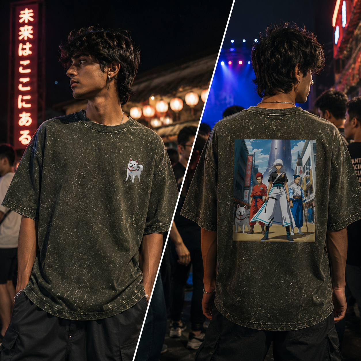 Model wearing the Acid Wash Anime Oversized T-Shirt Front & Back