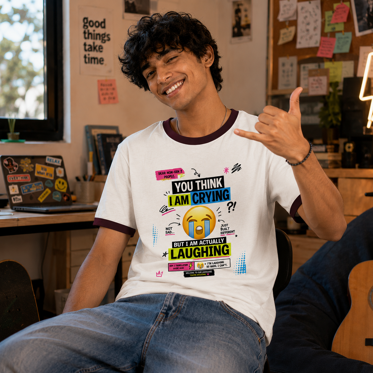 Means I'm Laughing Gen Z Translation Ringer T-Shirt Model Wearing Front Maroon Offwhite
