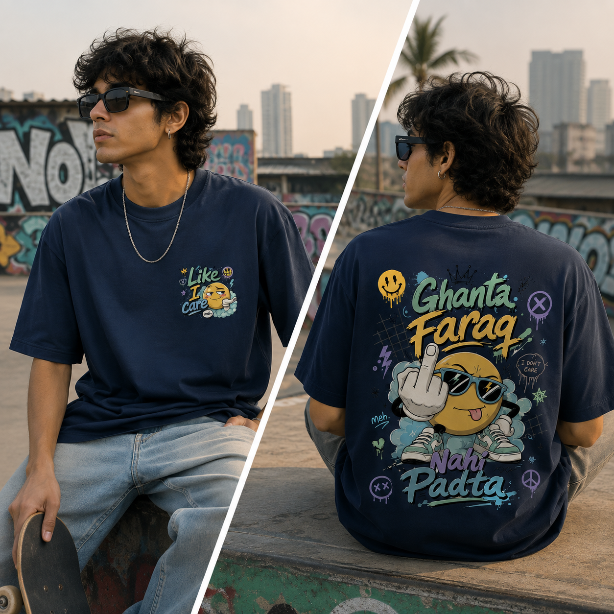A man wearing a navy blue graphic t-shirt, shown from both the front and back in a split-screen view. The front features a small yellow smiley face graphic saying 'Like I care' and the back has a large graphic that read 'Ghanta Faraq Nahi Padta'