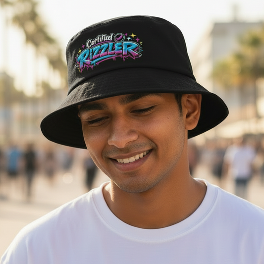 Model wearing Certified Rizzler Embroidered Bucket Hat