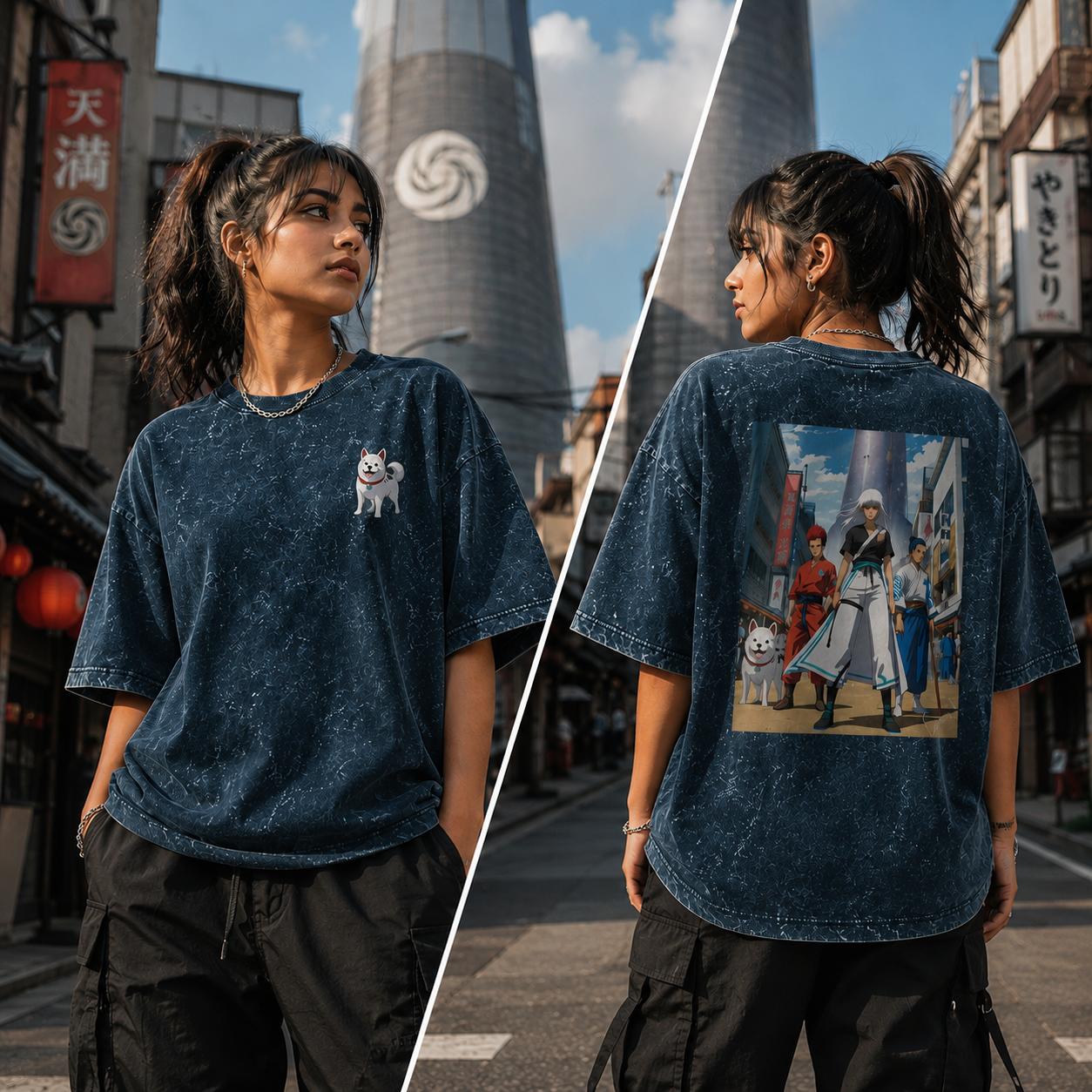 Model wearing the Acid Wash Anime Oversized Navy Blue T-Shirt Front & Back