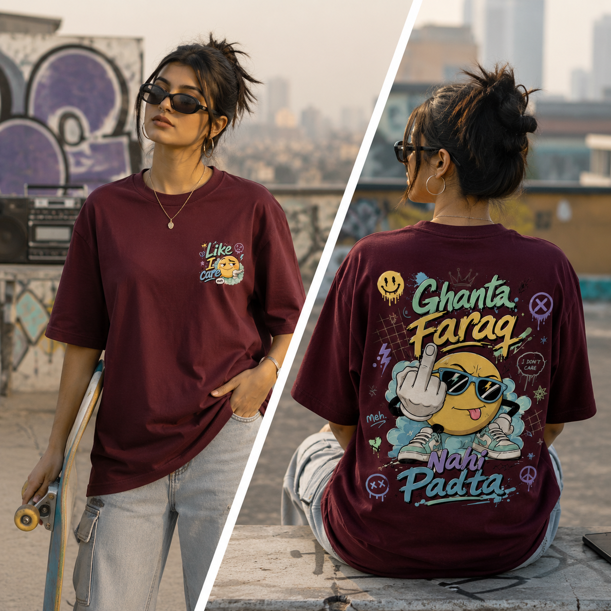 A woman modeling an oversized maroon graphic T-shirt in an outdoor urban setting, shown from both the front and back. The front features a small multicolor chest graphic that says 'Like I care', while the back has a large colorful graphic with text reading 'Ghanta Faraq Nahi Padta'.