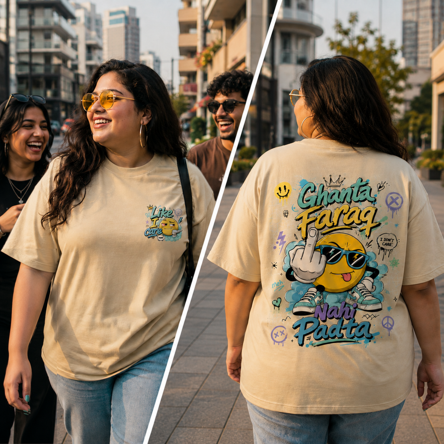 A split-screen lifestyle photo showing a woman outdoors wearing a beige graphic T-shirt. The left side shows the front of the shirt with a small blue and yellow chest graphic saying 'Like I care', and the right side shows the back of the shirt with a large colorful graphic featuring the text 'Ghanta Faraq Nahi Padta'.