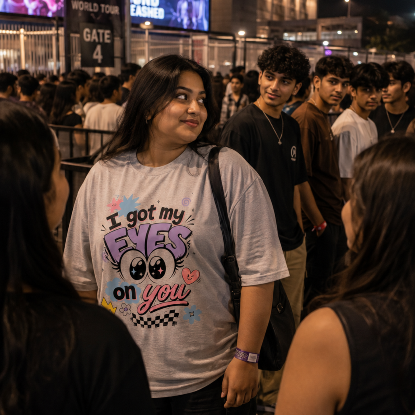 A woman in a crowd at night wearing a light gray graphic T-shirt with the text 'I got my EYES on you' and a cartoon eye design. The background shows other people, a crowd control barrier, and an 'EASTERN' billboard.