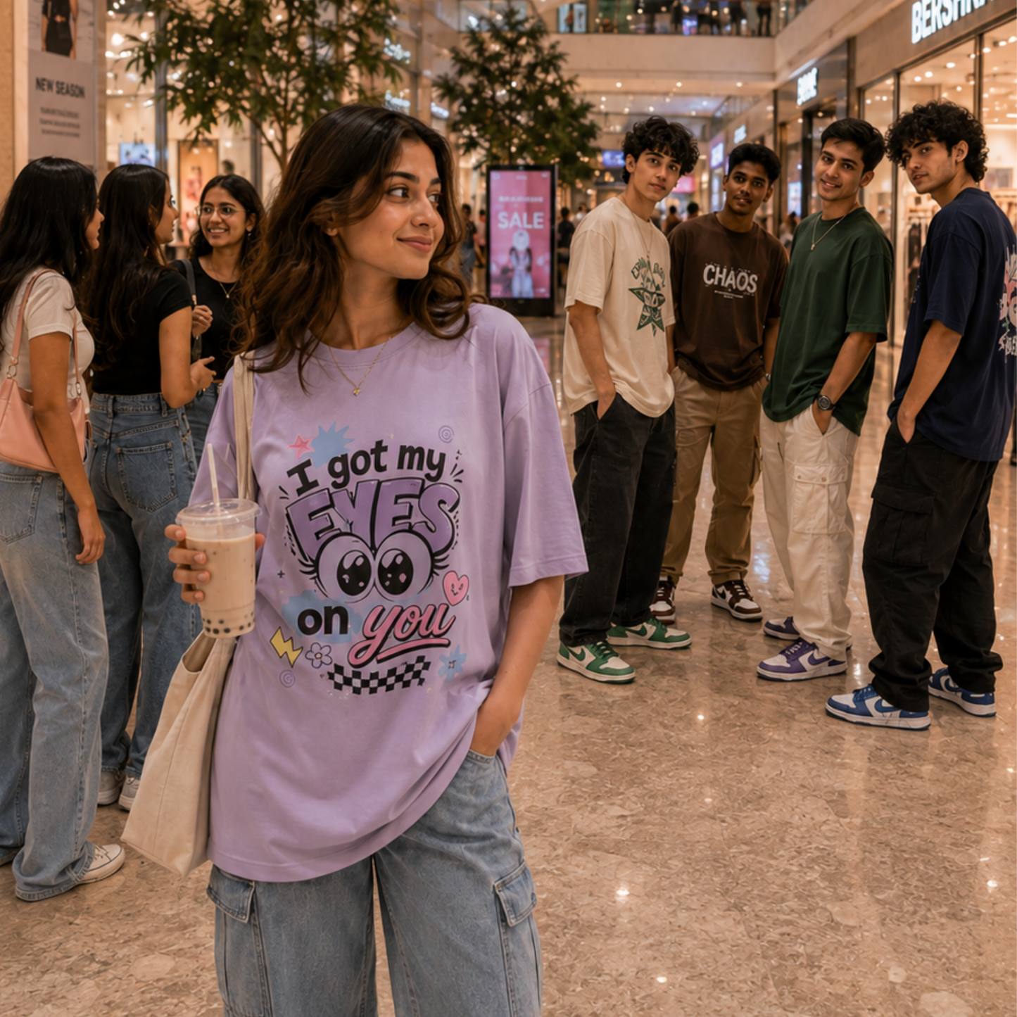 A woman in a modern shopping mall wearing a light purple graphic t-shirt that reads 'I got my EYES on You' with cartoon eyes, standing next to a group of young men.