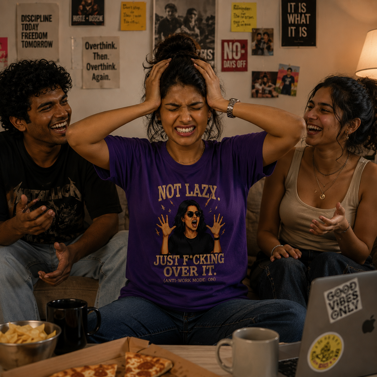 Model wearing NOT LAZY. JUST F*CKING OVER IT Women's Classic T-Shirt Lifestyle