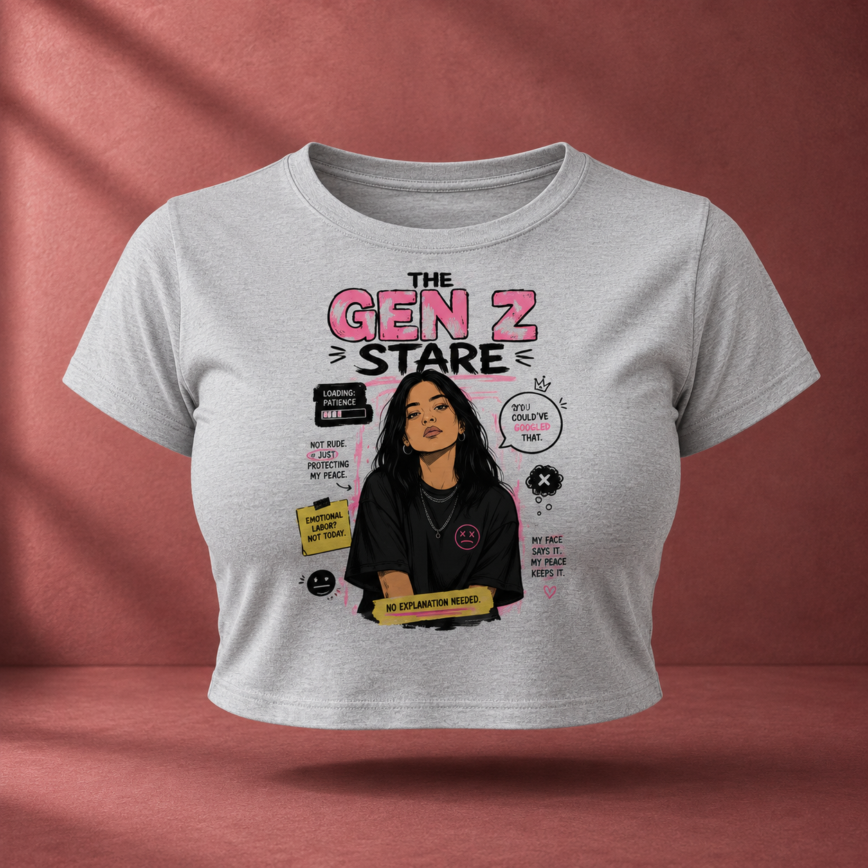 The Gen Z Stare Grey Melange Crop Top Front