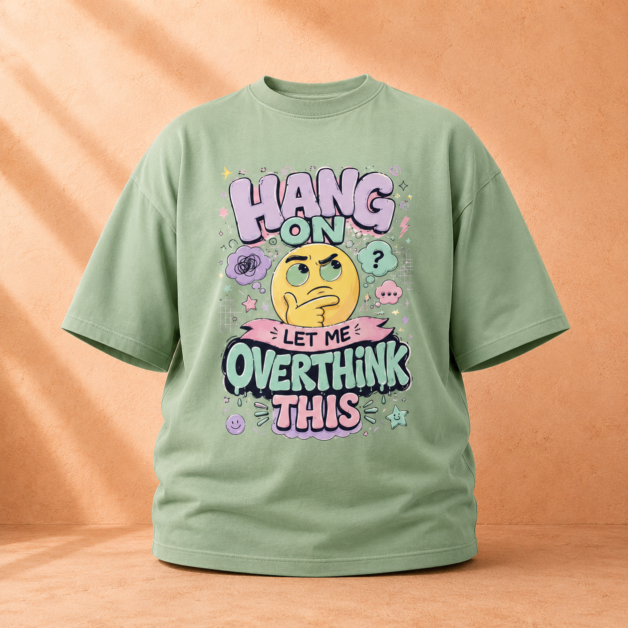 A sage green short-sleeve t-shirt with a colorful graphic print that reads 'HANG ON LET ME OVERTHINK THIS' around a yellow thinking emoji, displayed against a warm peach background.