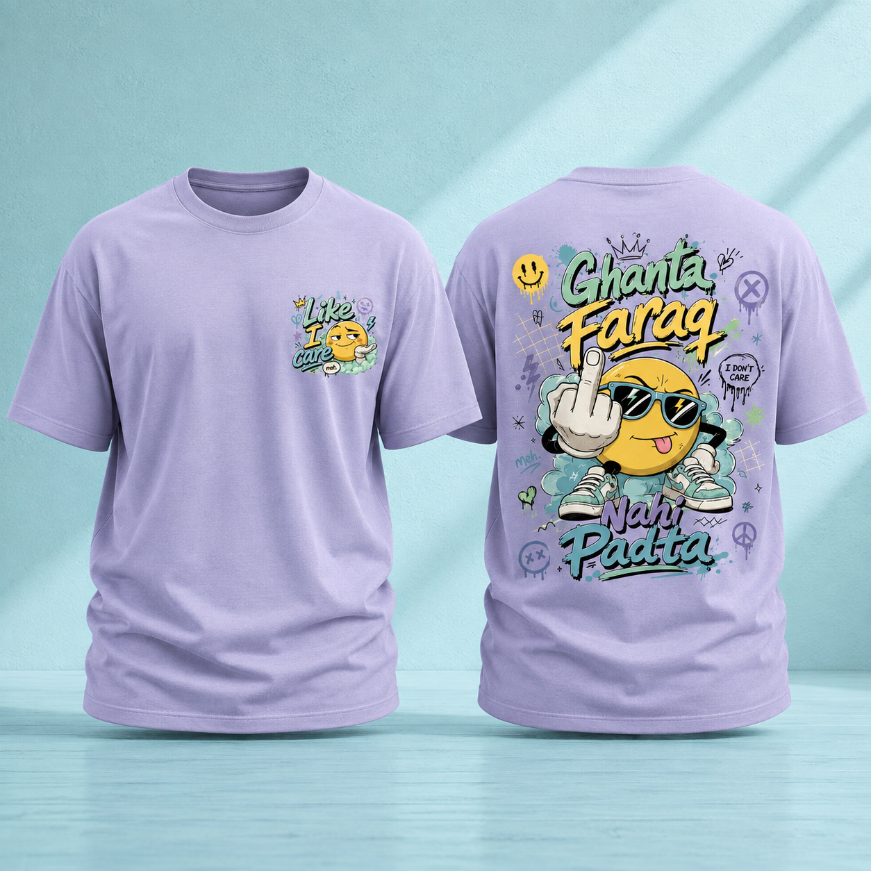 A lavender supima t-shirt shown from both the front and back. The front features a small graphic on the left chest with a yellow smiley face and the text 'Like I Care' and the back has a large graphic that read 'Ghanta Faraq Nahi Padta'