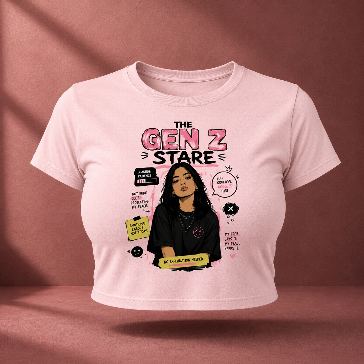 The Gen Z Stare Light Baby Pink Crop Top Front