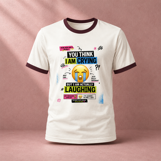 Means I'm Laughing Gen Z Translation Ringer T-Shirt Model Wearing Front Maroon Offwhite