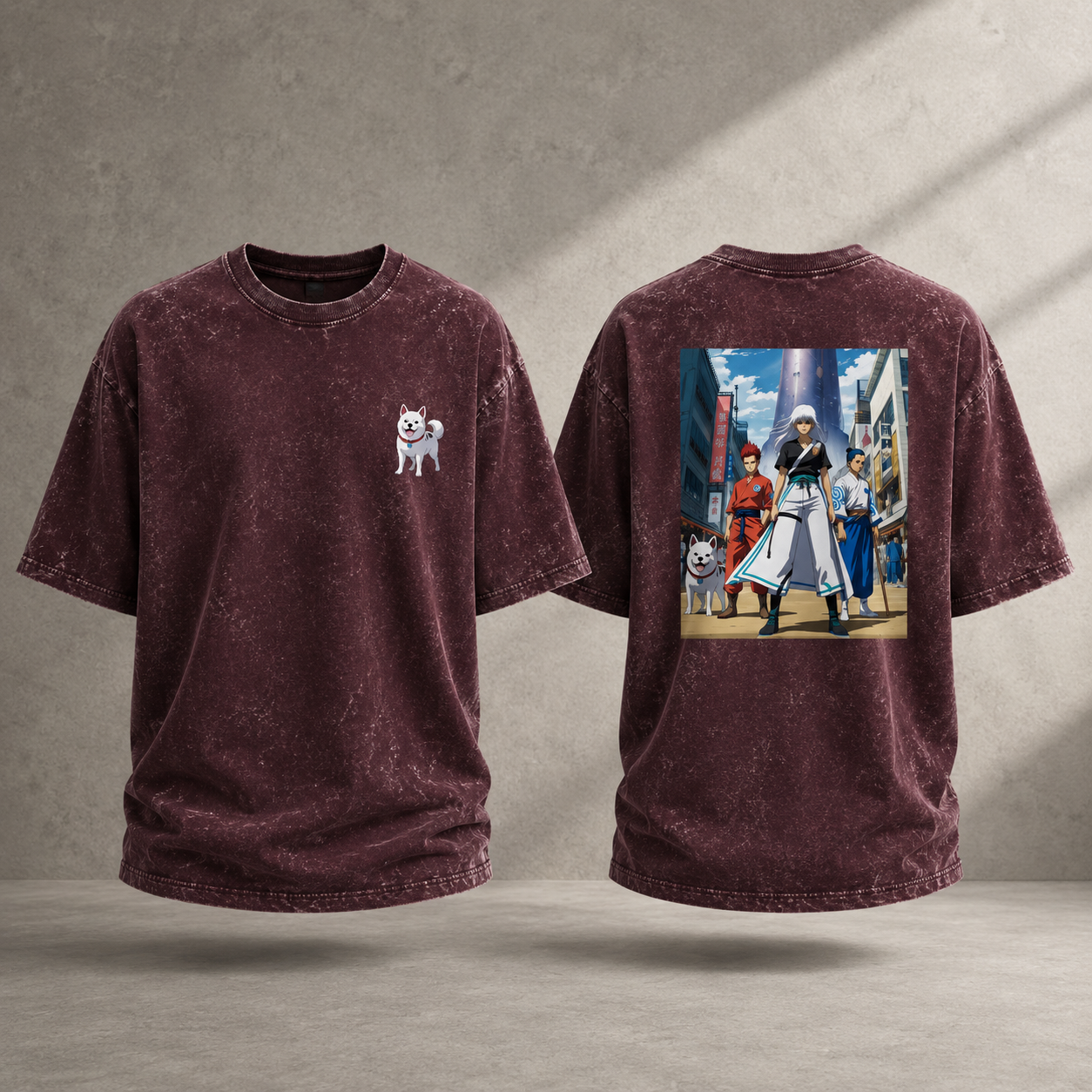 Acid Wash Anime Oversized Maroon T-Shirt Front & Back