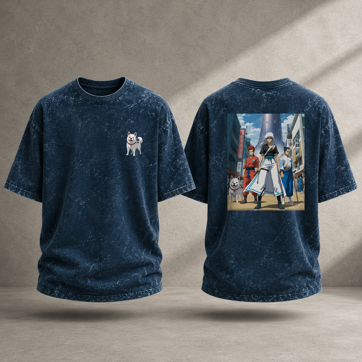 Acid Wash Anime Oversized Navy Blue T-Shirt Front & Back