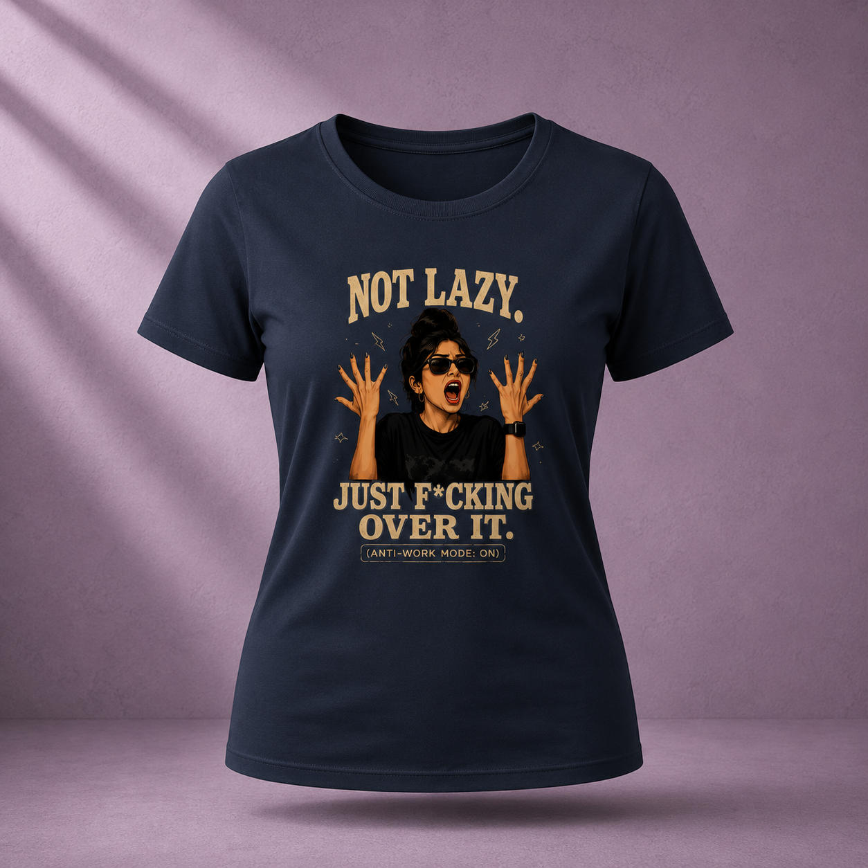 NOT LAZY. JUST F*CKING OVER IT Women's Classic Navy Blue T-Shirt Front