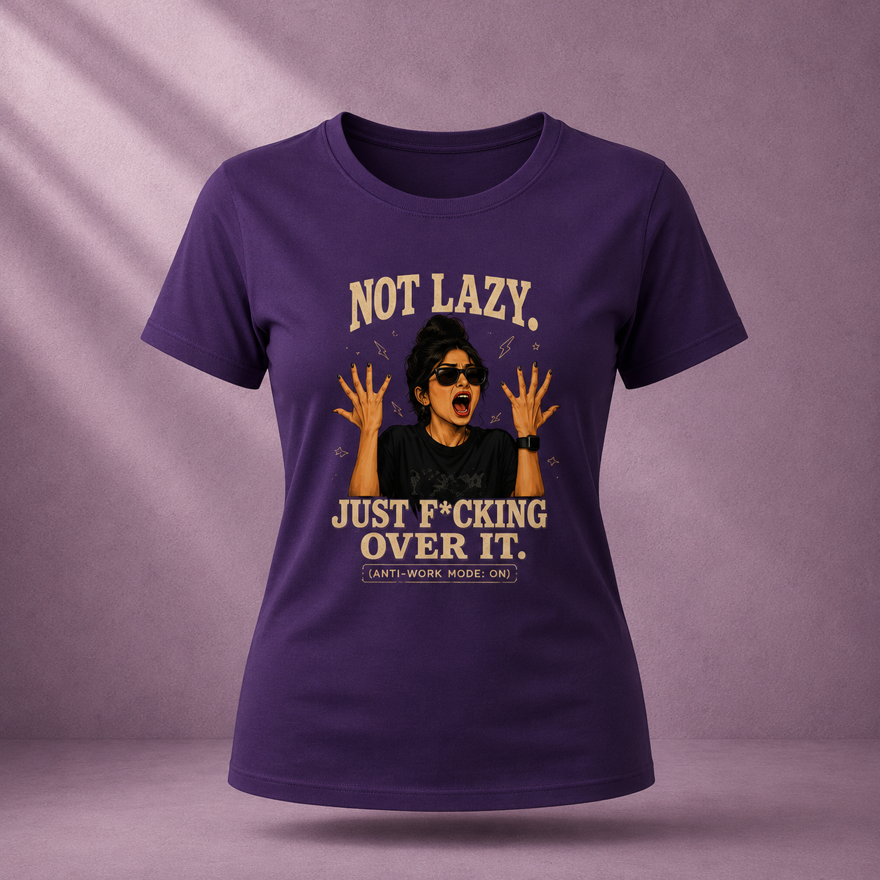 NOT LAZY. JUST F*CKING OVER IT Women's Classic Purple T-Shirt Front
