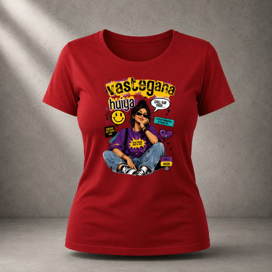 A red short-sleeve women's classic t-shirt with a colorful graphic print depicting the viral meme Vastegana Huiya showing a woman in a purple shirt and jeans, surrounded by text and comic-style elements, displayed on a gray textured background.