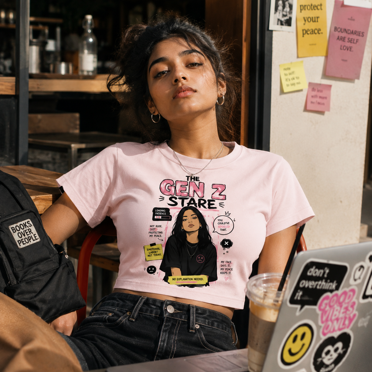 Model wearing The Gen Z Stare Crop Top