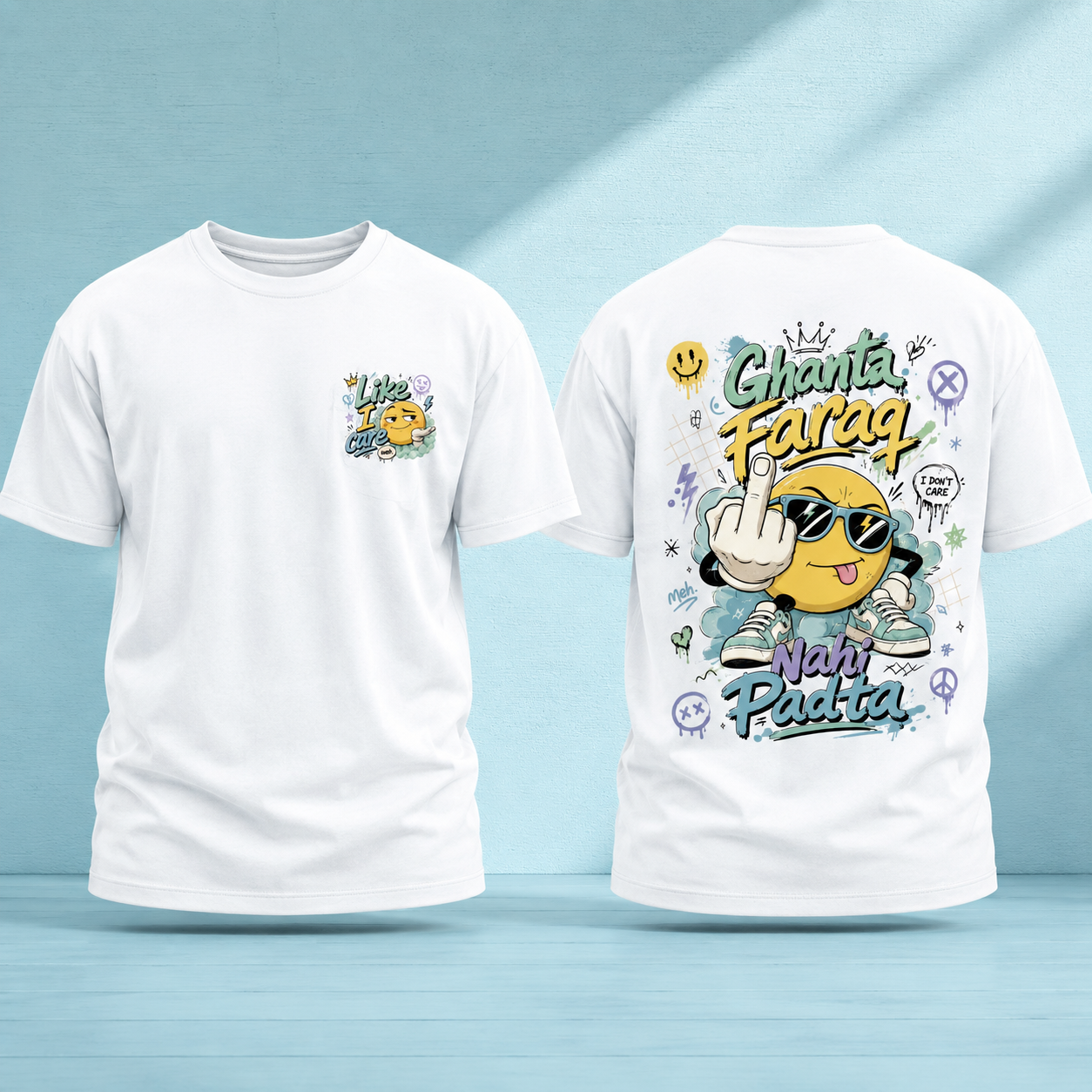 A white Supima T-shirt shown from both front and back on a light blue studio background. The front features a small graphic on the left chest with a yellow smiley face and the text 'Like I Care' and the back has a large graphic that read 'Ghanta Faraq Nahi Padta'