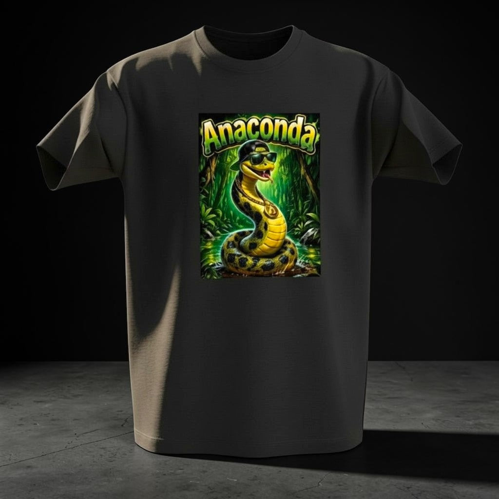 Gooxit black oversized tee with a graphic of an anaconda wearing sunglasses and a chain in a jungle setting.
