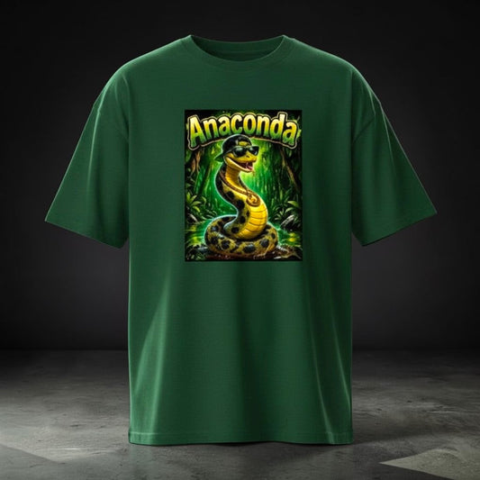 Gooxit dark green oversized tee with a graphic of an iced-out anaconda wearing sunglasses and a cap in a jungle setting.