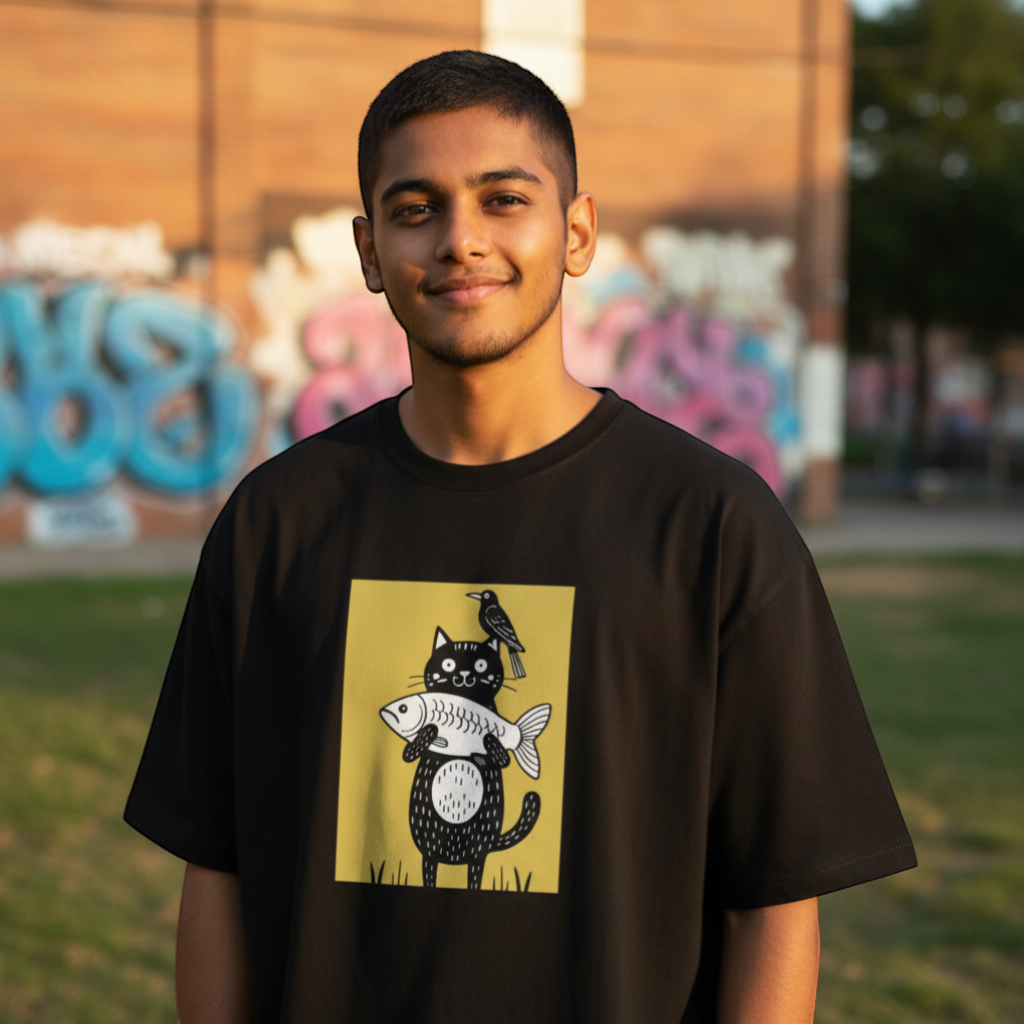 Gooxit black 100% cotton oversized t-shirt with a quirky graphic of a cat holding a fish and a bird on its head.