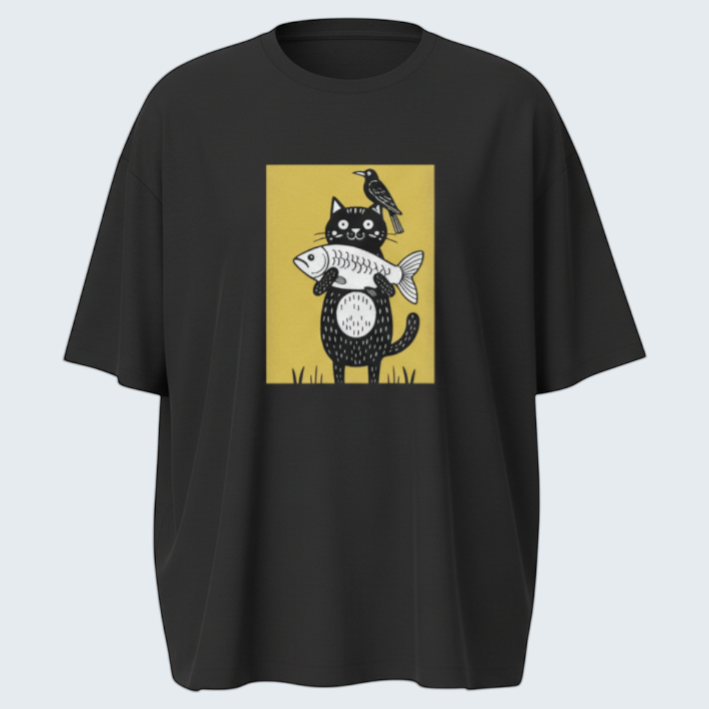 Gooxit black 100% cotton oversized t-shirt with a graphic print of a black cat holding a fish and a bird on its head.