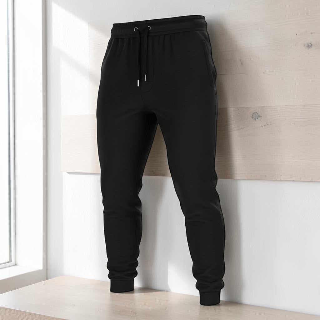 Gooxit black 100% cotton unisex joggers with a relaxed fit, tapered leg, ribbed waistband, and drawstring.