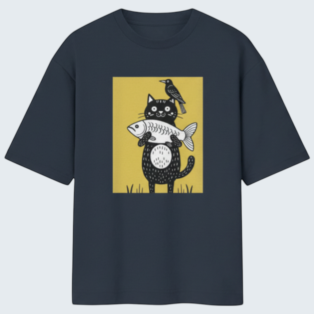 Gooxit navy blue 100% cotton oversized t-shirt with a graphic print of a black cat holding a fish and a bird on its head.