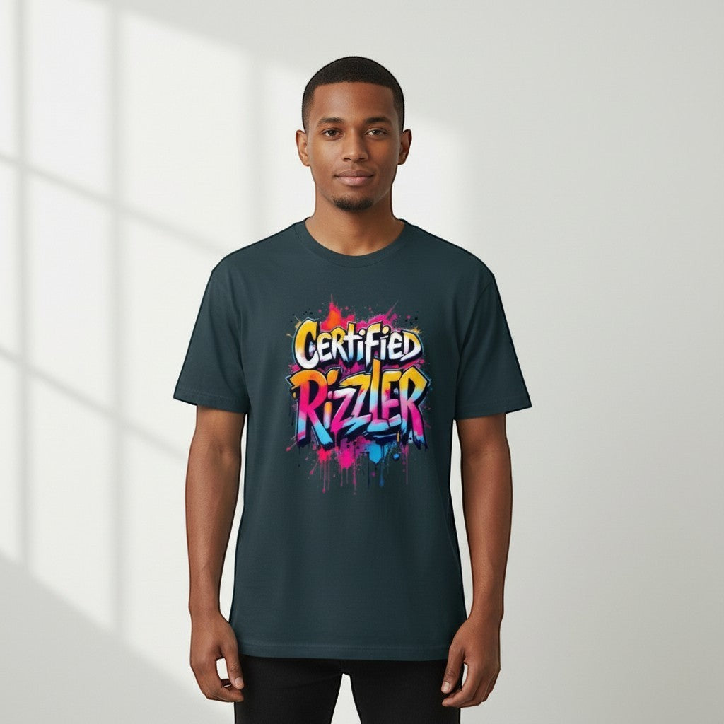Gooxit dark teal 100% cotton t-shirt with a vibrant, graffiti-style "Certified Rizzler" graphic print.