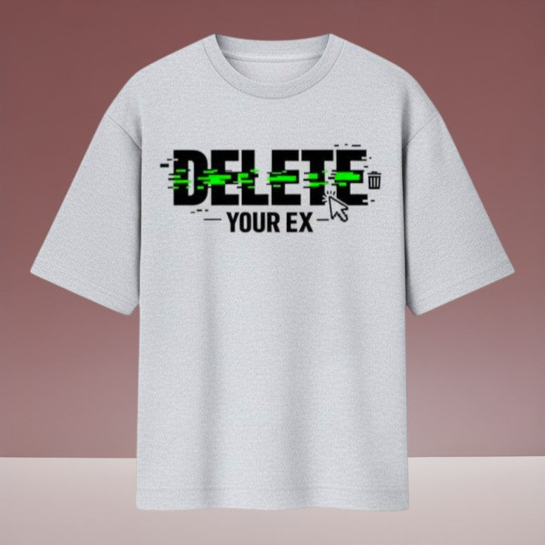 Gooxit grey 100% cotton oversized tee with glitch-style "DELETE YOUR EX" graphic and trash can icon.