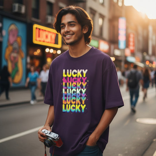 Gooxit purple 100% cotton oversized t-shirt with stacked colorful "LUCKY" graphic print.