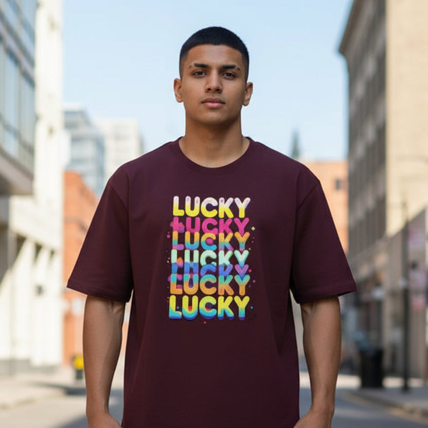 Gooxit oversized maroon 100% cotton tee with stacked colorful "LUCKY" graphic print.