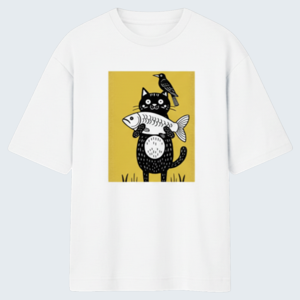 Gooxit white 100% cotton oversized t-shirt with a quirky black cat graphic holding a fish and a bird on its head.