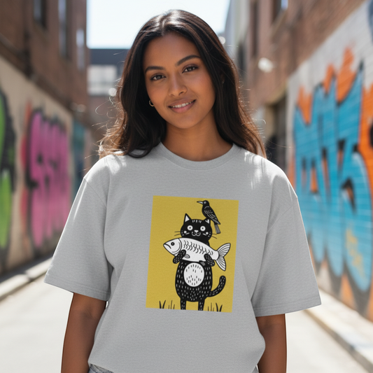 Gooxit grey 100% cotton oversized t-shirt with a quirky graphic of a black cat holding a fish and a bird on its head.