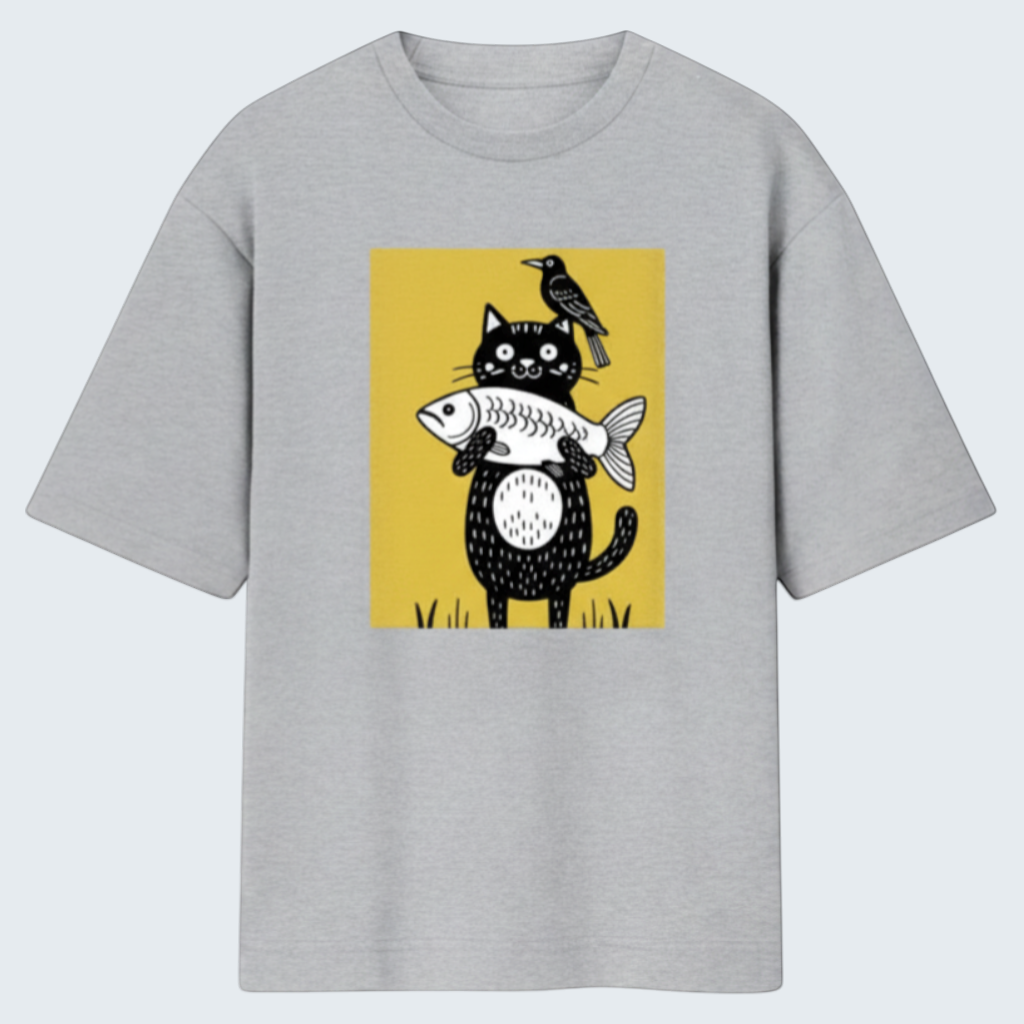 Gooxit grey 100% cotton oversized t-shirt with a quirky black cat graphic holding a fish and a bird on its head.