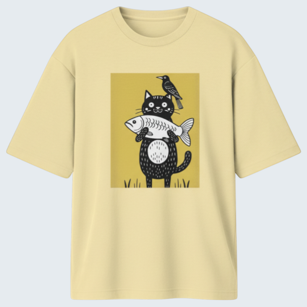 Gooxit oversized light yellow 100% cotton t-shirt with a graphic print of a black cat holding a fish and a bird on its head.