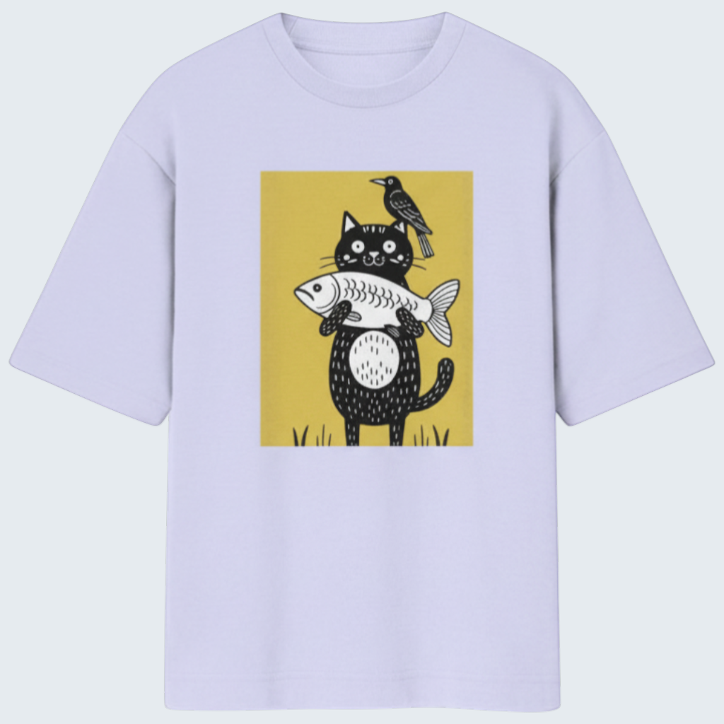Gooxit oversized light purple 100% cotton t-shirt with a quirky cat graphic holding a fish and a bird on its head.