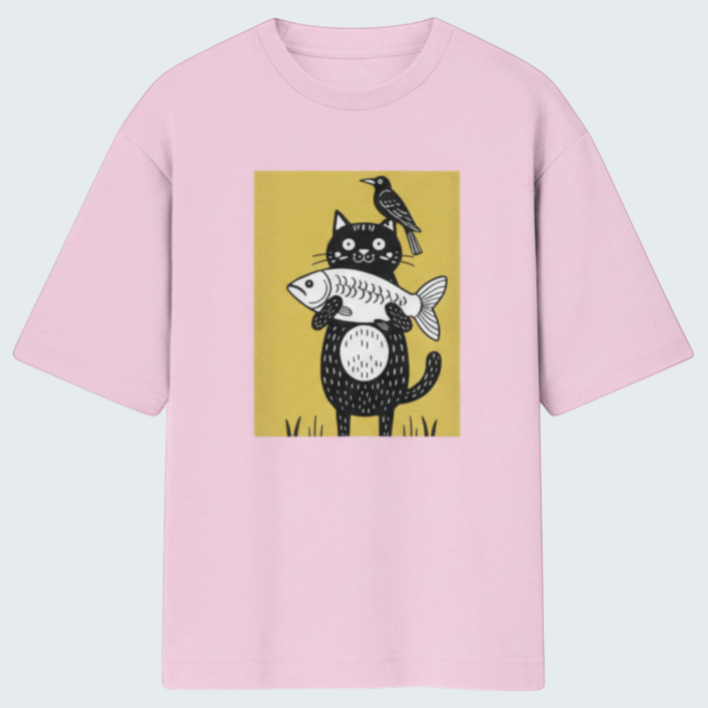 Gooxit pink 100% cotton oversized t-shirt with a graphic print of a black cat holding a fish and a bird on its head.